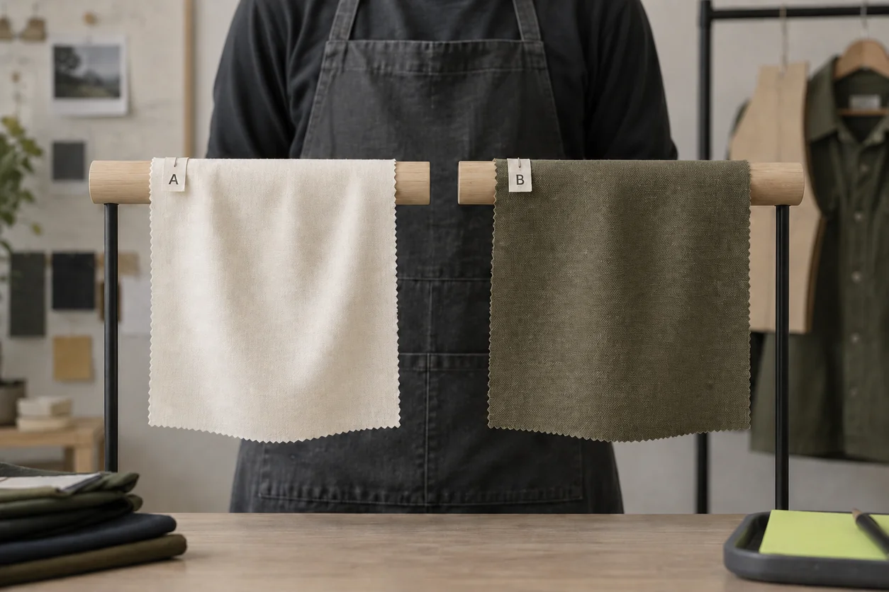 Conceptual atelier comparison uses two identified cloth specimens over matching supports to show a practical hanging-outline review