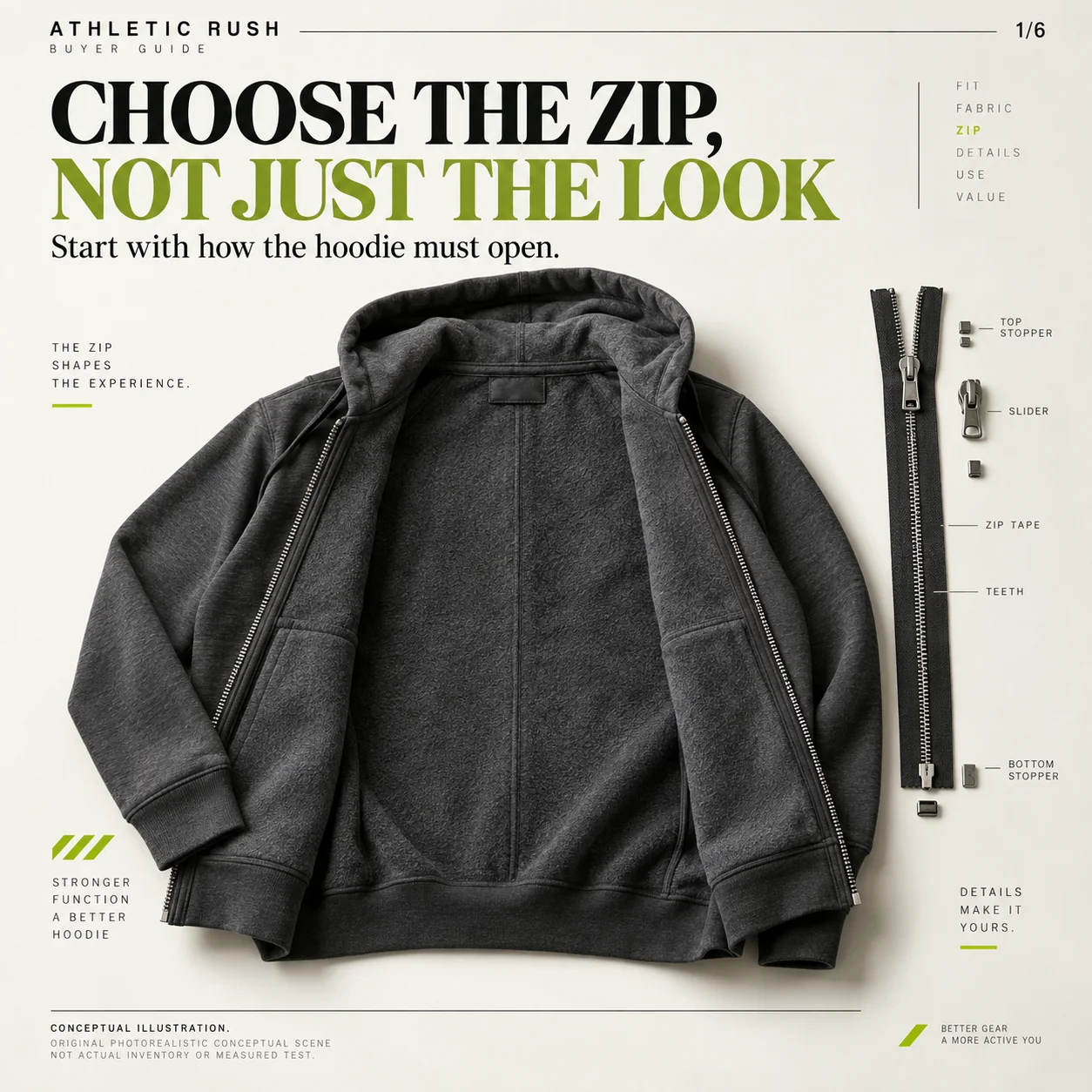 Conceptual display of an open hoodie and complete zipper assembly illustrating the component decision