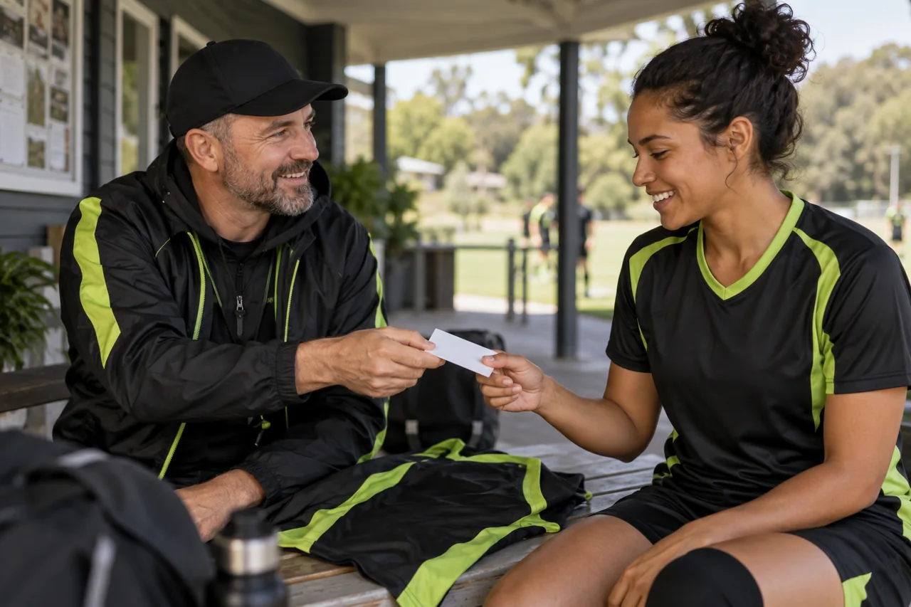 A club coach hands an adult player a care-information card beside a team jersey.