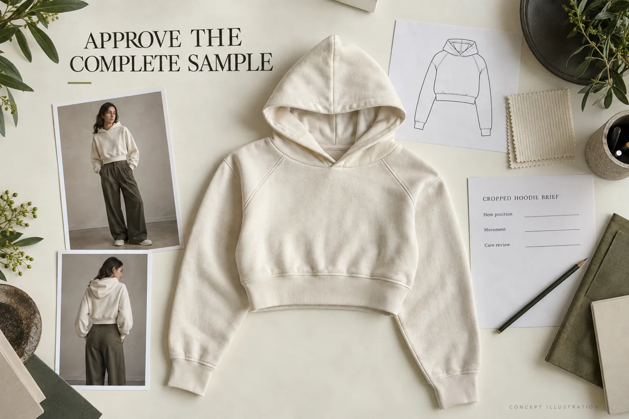 Conceptual cropped hoodie development desk with sample, rib swatch, fitting photographs and buyer brief