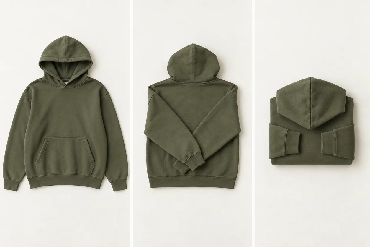 An olive hoodie is shown laid flat, with sleeves folded inward, and as a compact folded proposal