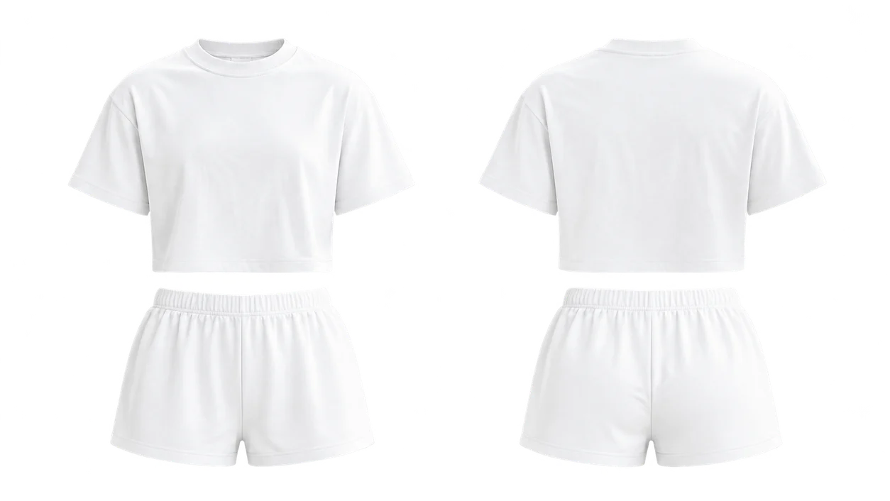 Athletic Rush catalogue front and back reference showing the True White boxy cropped tee and coordinating shorts