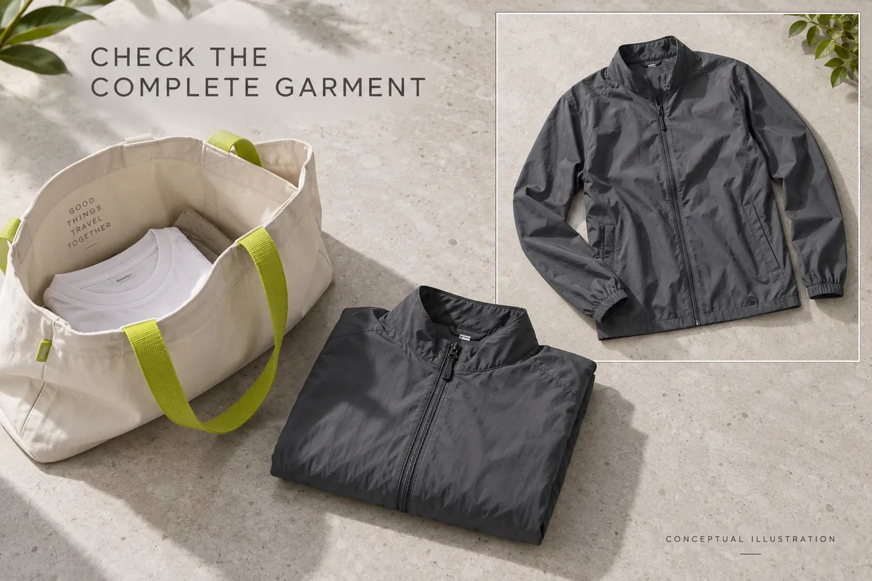 Conceptual folded graphite jacket beside an open tote illustrates reviewing portability of the complete garment