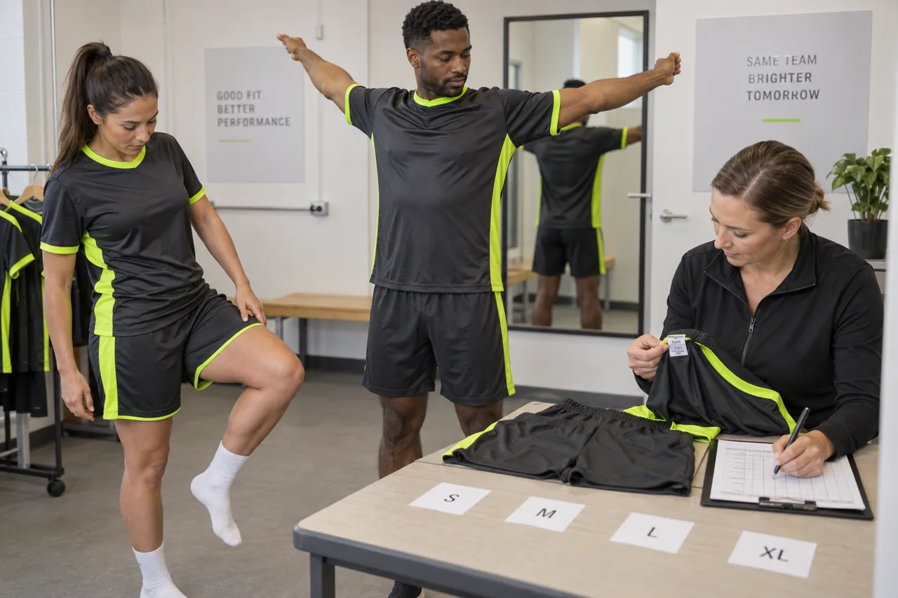 Use sample fitting and movement checks before recording each player’s garment sizes.