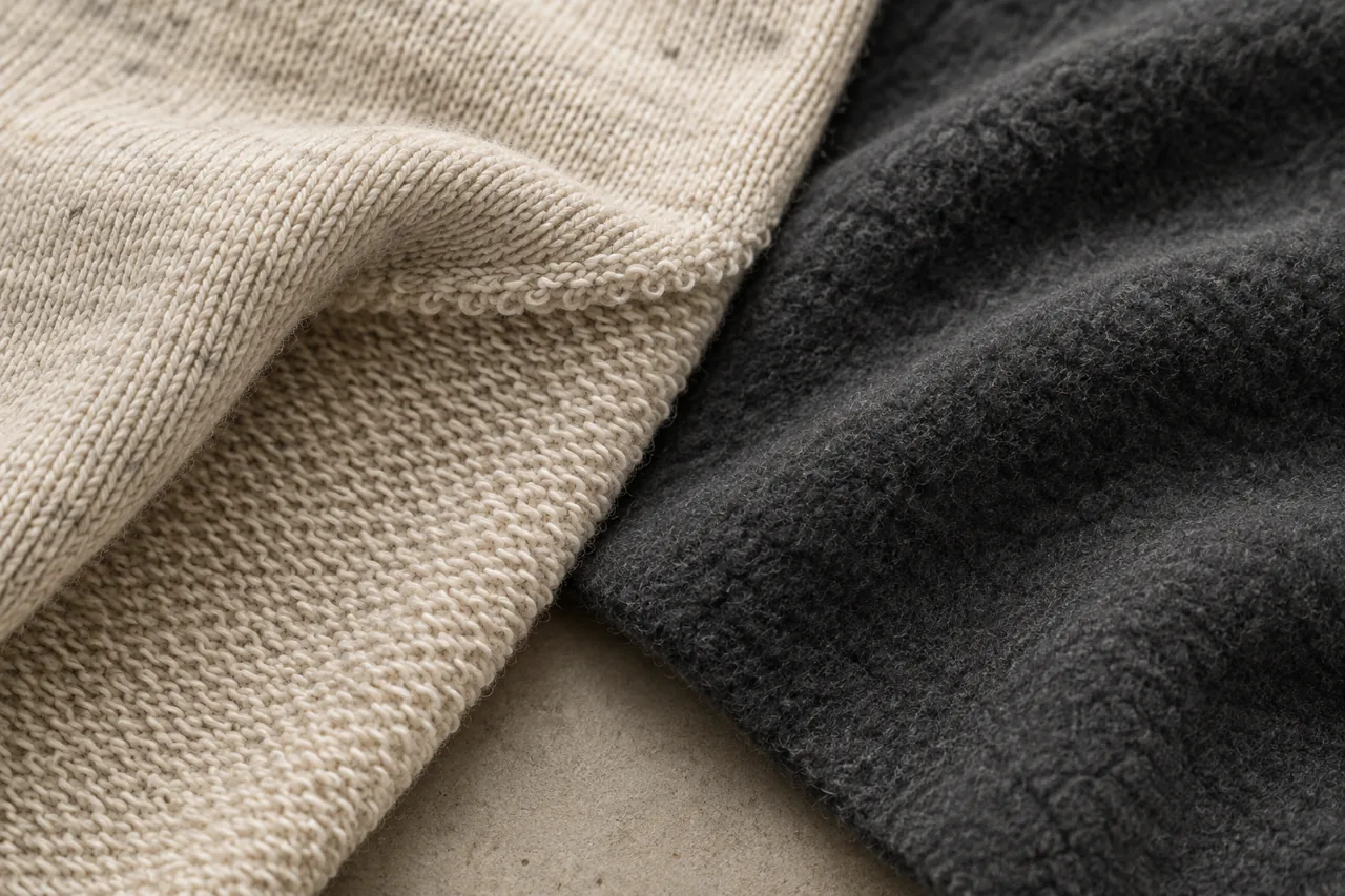Conceptual close-up comparing visible French terry back loops with the raised surface of sweatshirt fleece