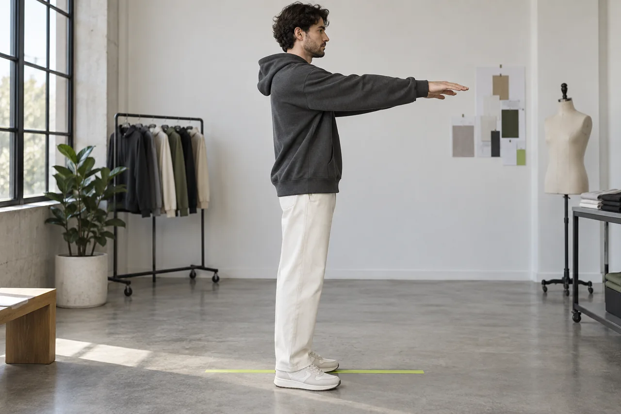 A wearer extending both arms forward in a plain dropped-shoulder hoodie to assess reach, cuff position and hem movement.
