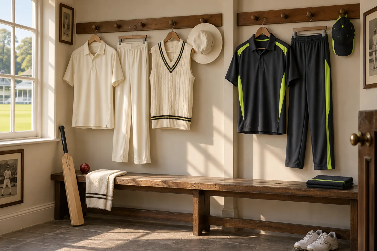 Compare a traditional cream match kit with a coloured limited-overs kit; specify each as a separate style.