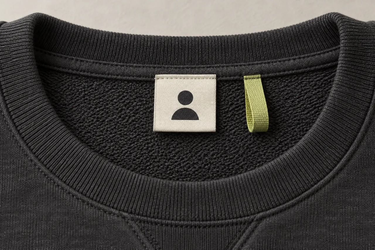 A woven brand label attached inside a sweatshirt neckline with a separate hanging loop