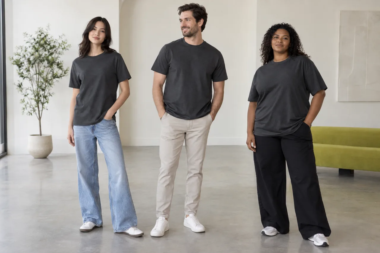 Three adult wearers in different sizes of a conceptual charcoal tee illustrate checking fit across a size range
