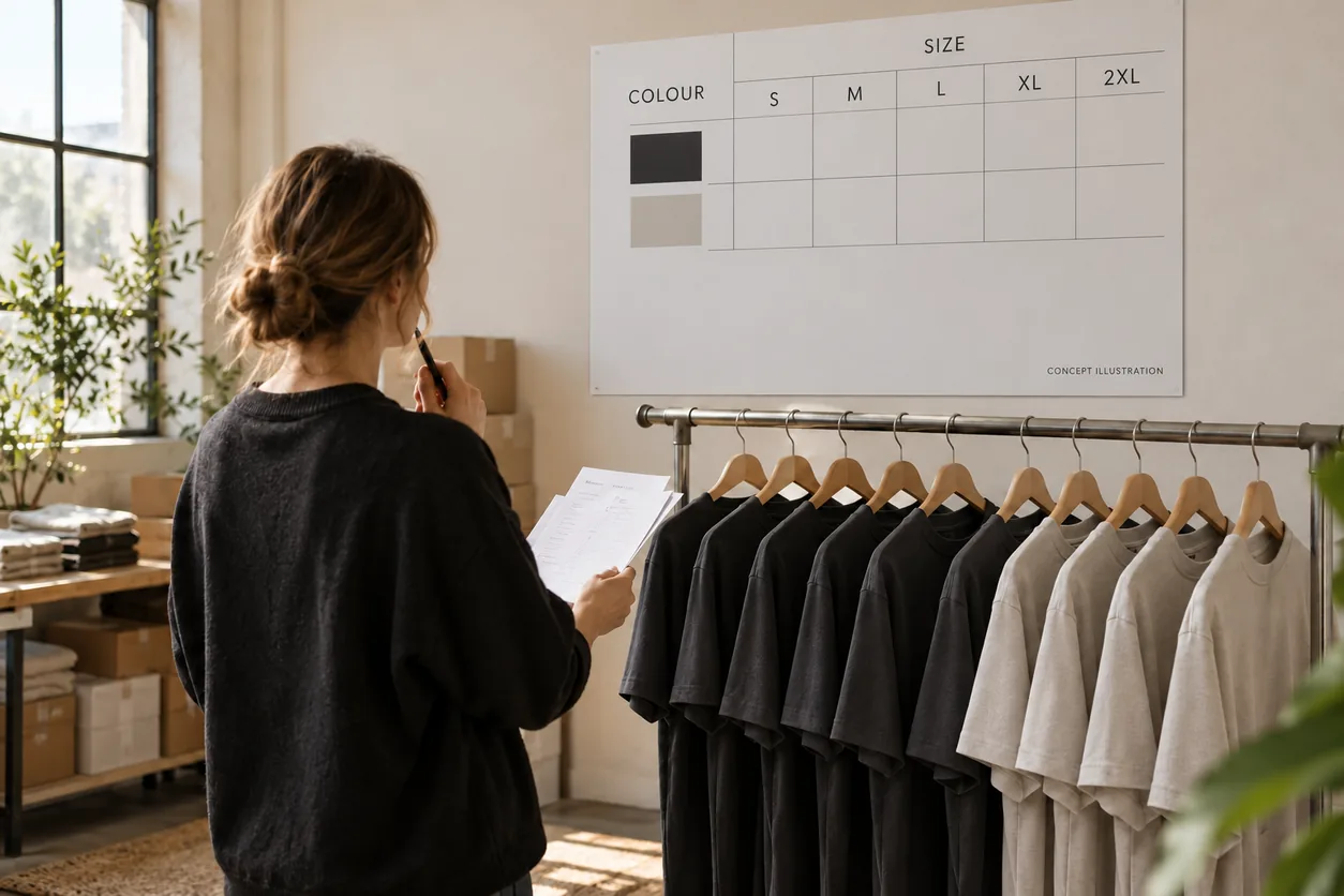 A clothing buyer plans charcoal and stone T-shirt quantities beside a blank color-and-size grid
