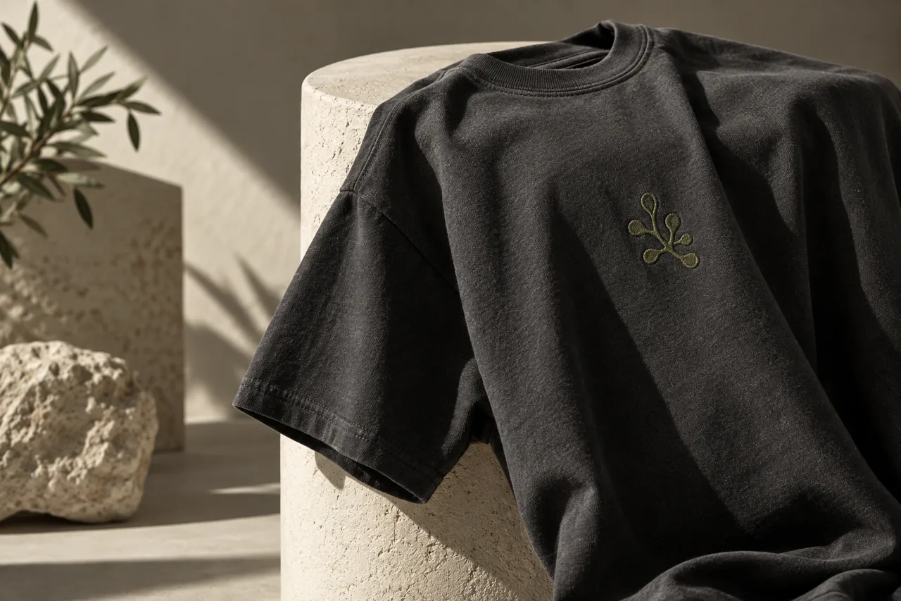 Conceptual charcoal streetwear T-shirt with a small olive embroidered emblem on a sculptural display