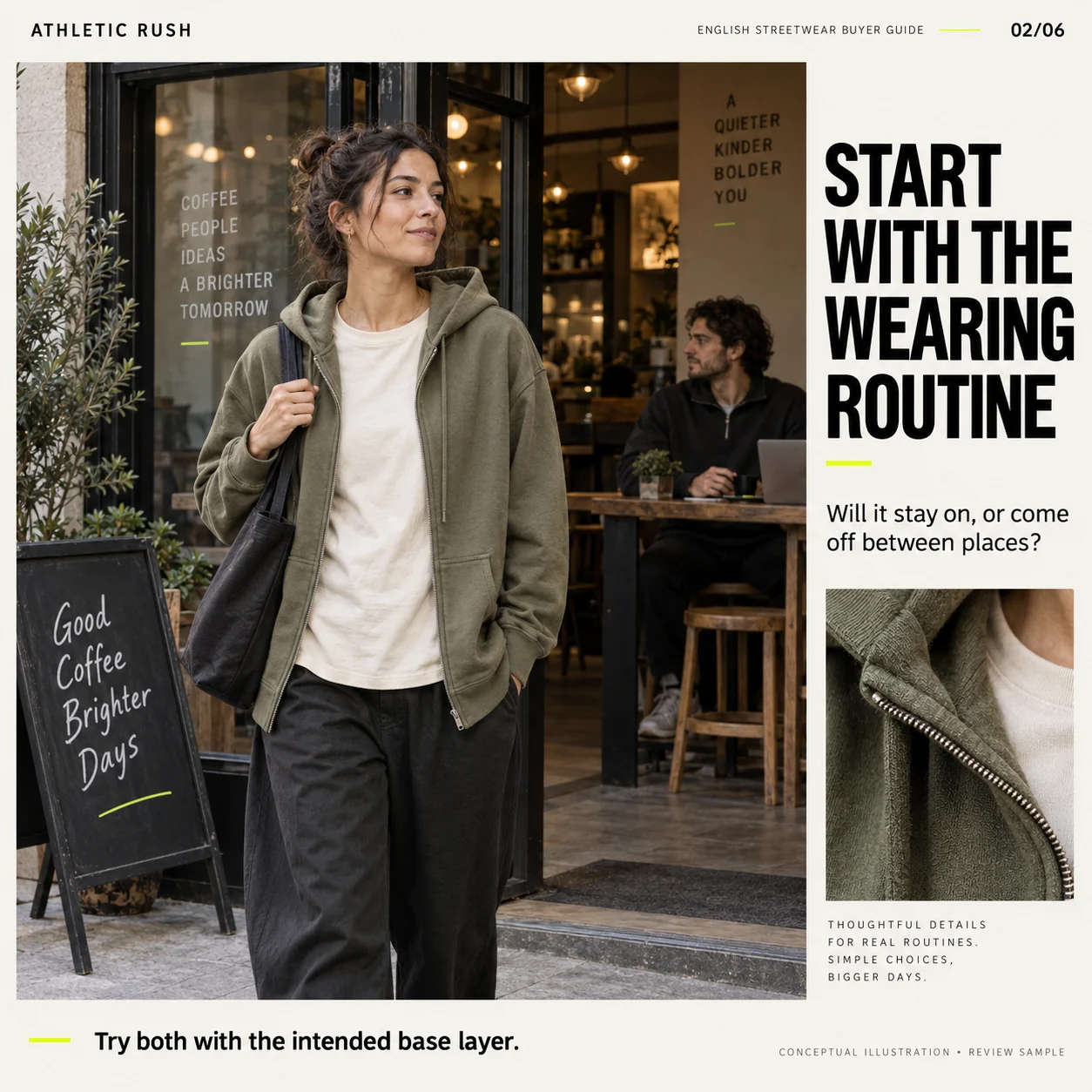 Conceptual cafe scene comparing an open zip hoodie used as a layer with a pullover worn indoors