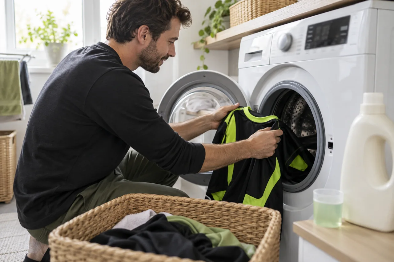 An adult loads a sports jersey into a washing machine beside a measured detergent cap.