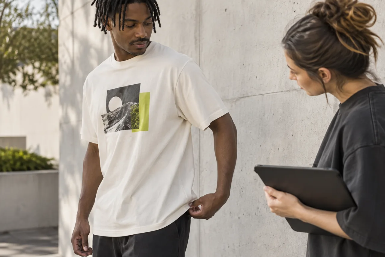 Conceptual streetwear buyer wearing a graphic T-shirt while a designer observes its drape outdoors