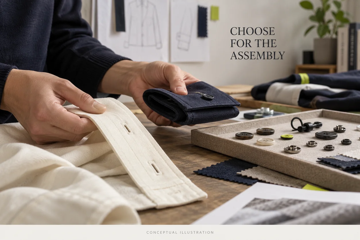 Conceptual developer reviews the built thickness of a light woven placket and a folded navy cuff beside closure proposals