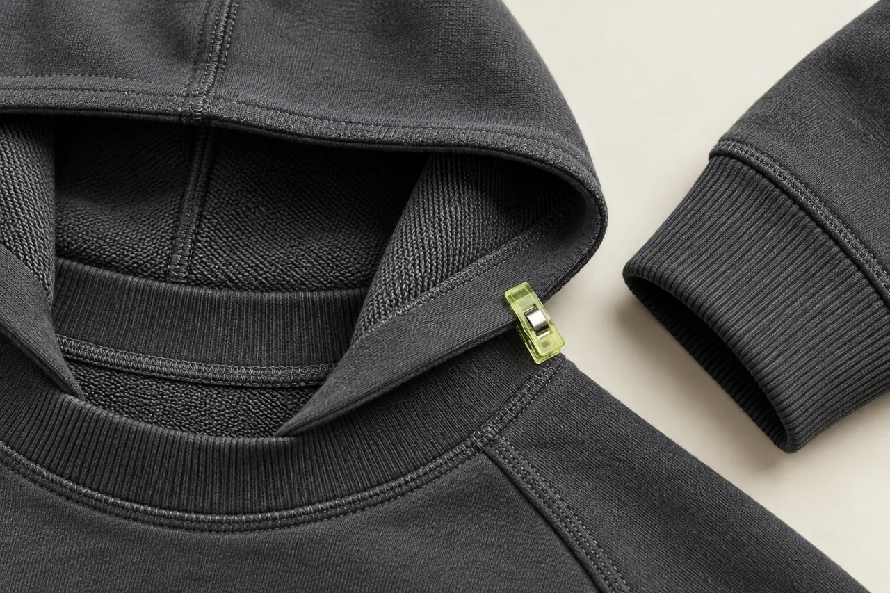 Close view of hoodie neckline construction and a ribbed sleeve cuff on an ivory surface, illustrating details that influence fit.