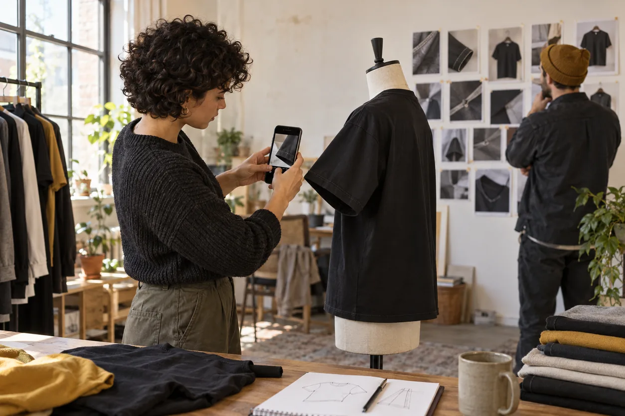An adult founder photographs a black T-shirt sleeve while another reviewer studies garment detail photographs