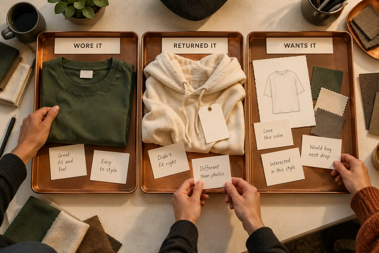 Three trays distinguish wearing experience, returned garments and interest in a future style