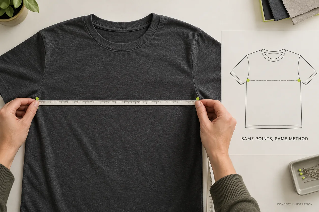 Hands align a tape across a relaxed T-shirt between marked endpoints beside a matching measurement diagram