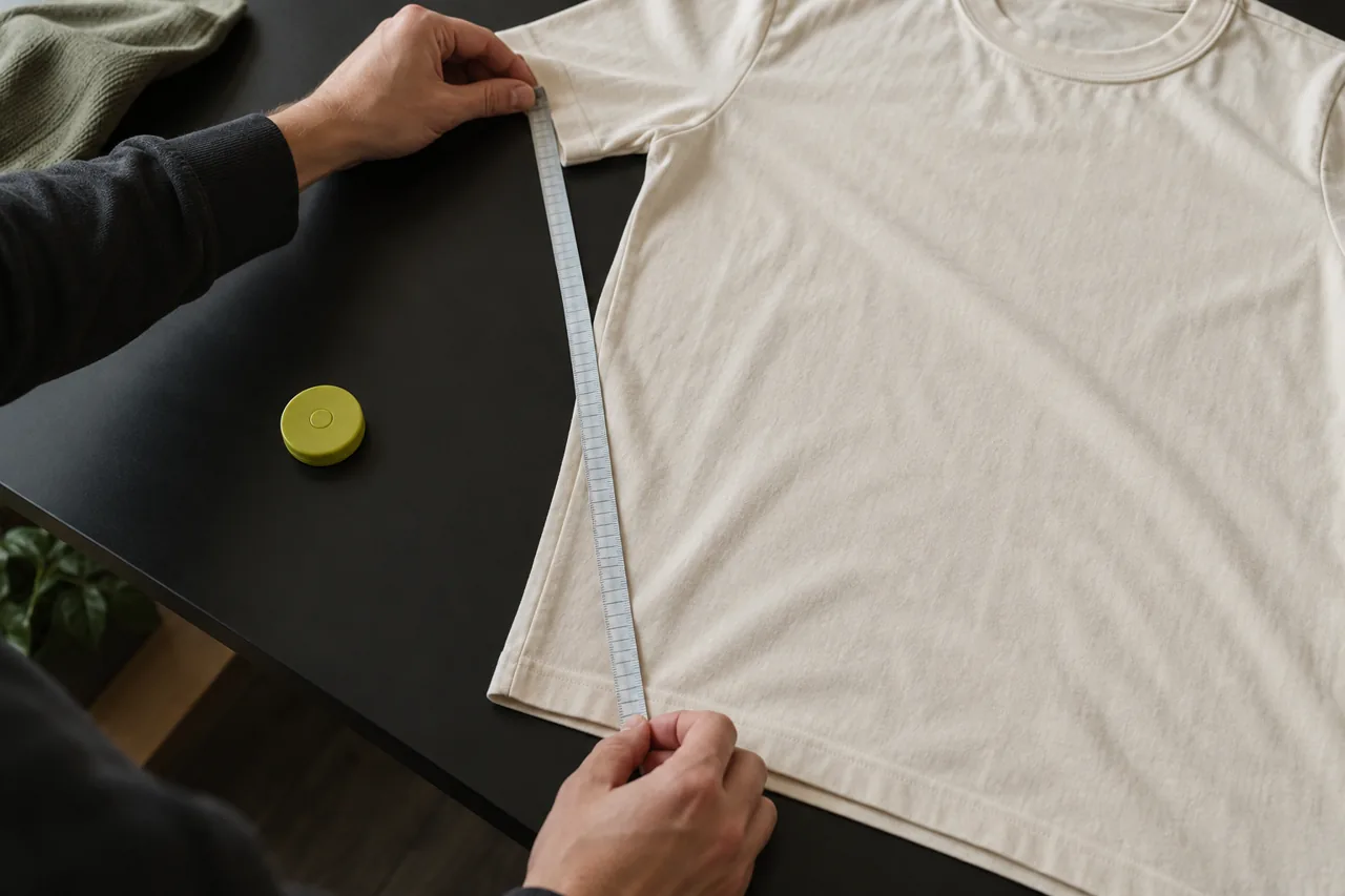 Conceptual close view of hands aligning a measuring tape with a T-shirt measurement point