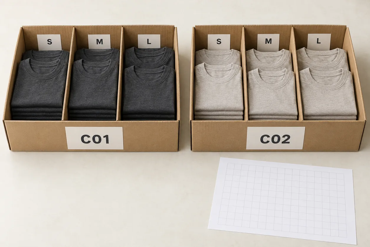 Charcoal and stone tee groups are separated by S, M and L cards in cartons identified C01 and C02
