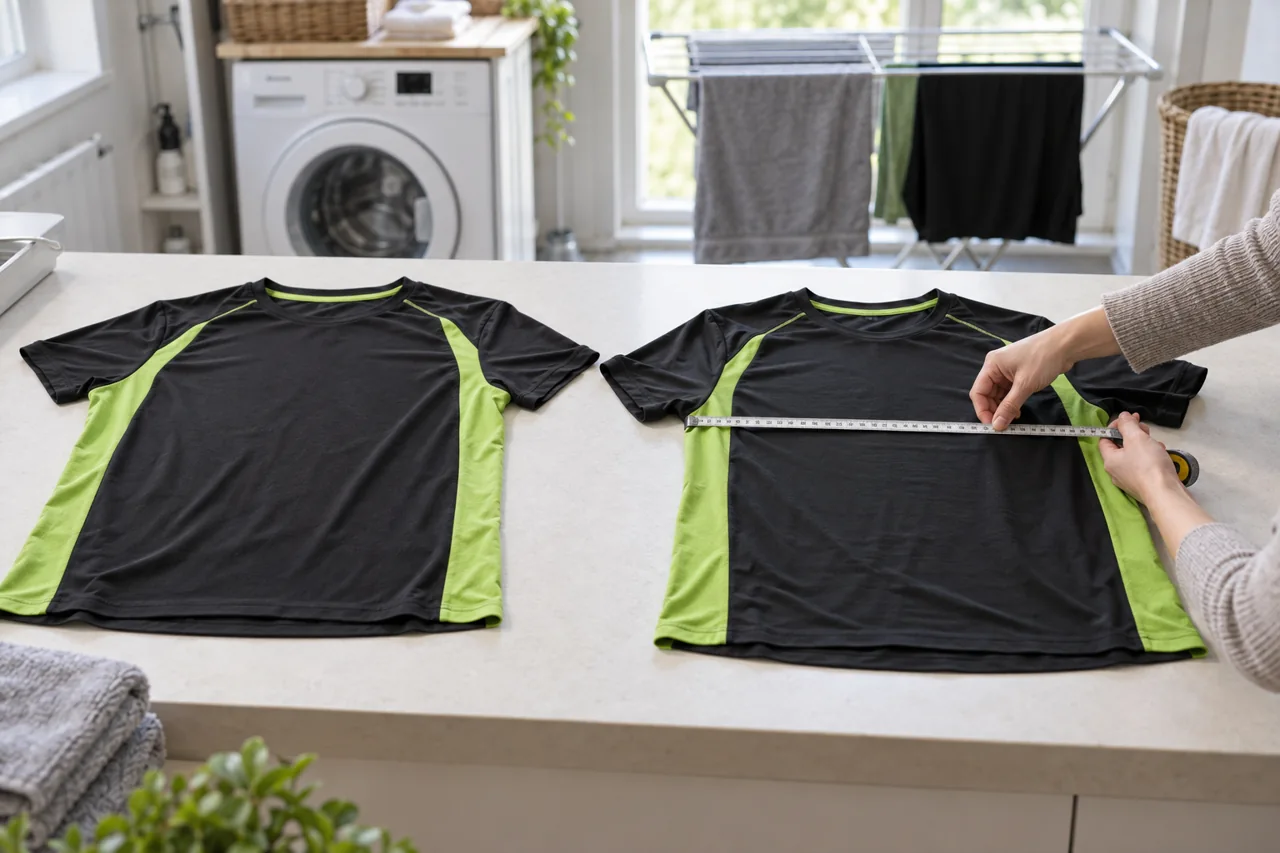 A sports shirt is measured beside a matching reference garment in a laundry room.