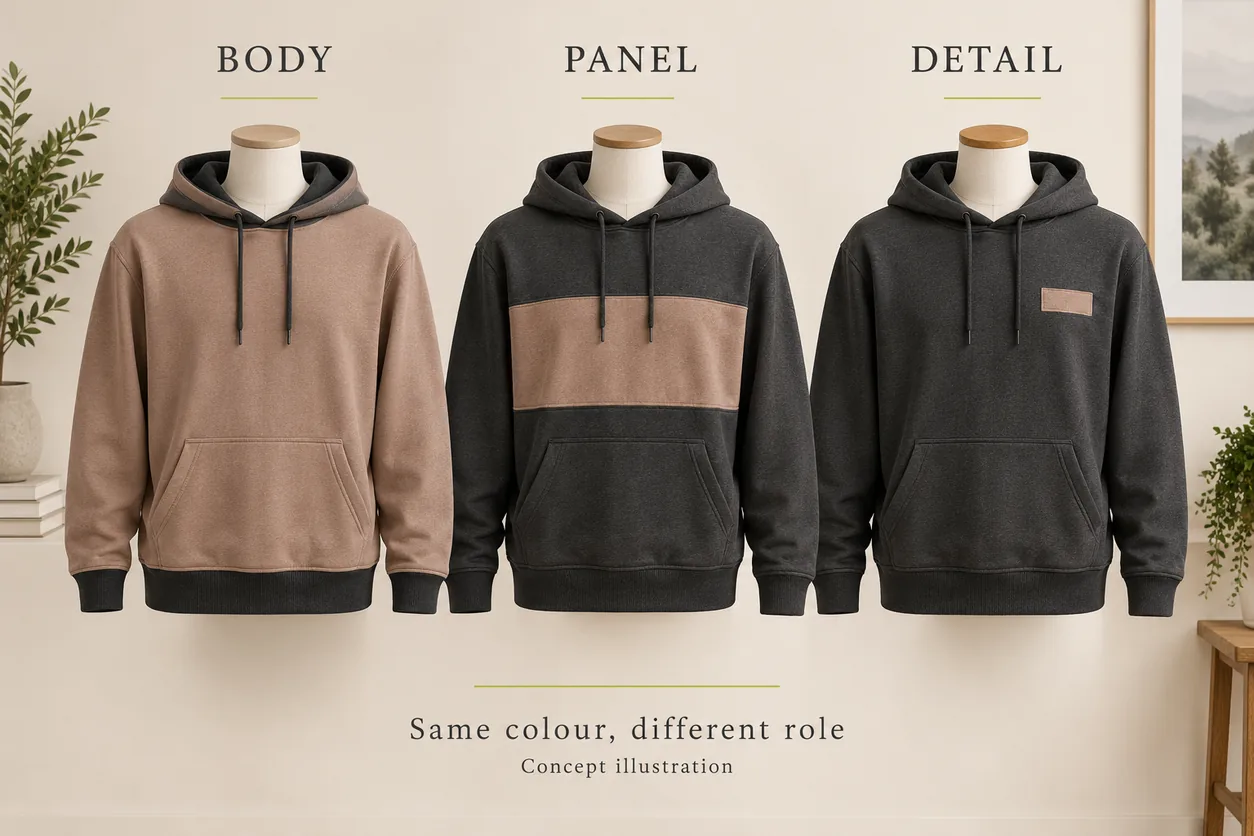 Three conceptual hoodies compare clay as the body colour, a broad panel and a small chest detail