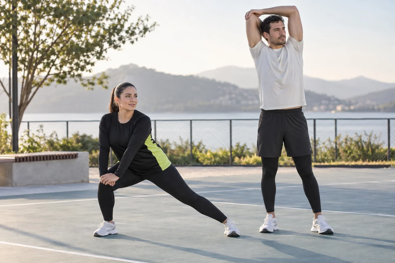Two adult athletes test an overhead reach and a lateral lunge in contrasting training garments on an outdoor court.