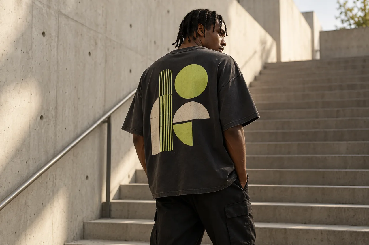 Conceptual rear view of a model wearing an oversized T-shirt with an original large geometric graphic