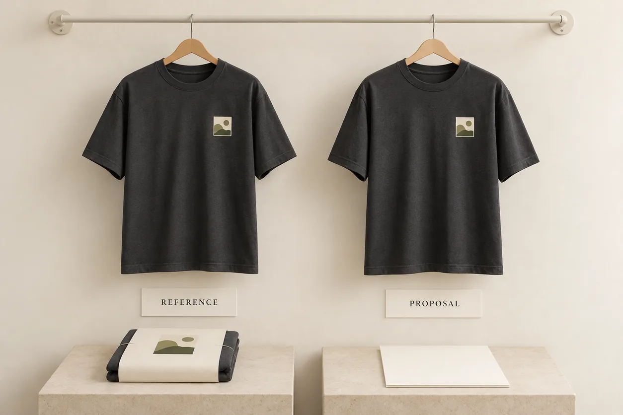 Two fictional charcoal tee proposals hang separately beneath reference and proposal cards