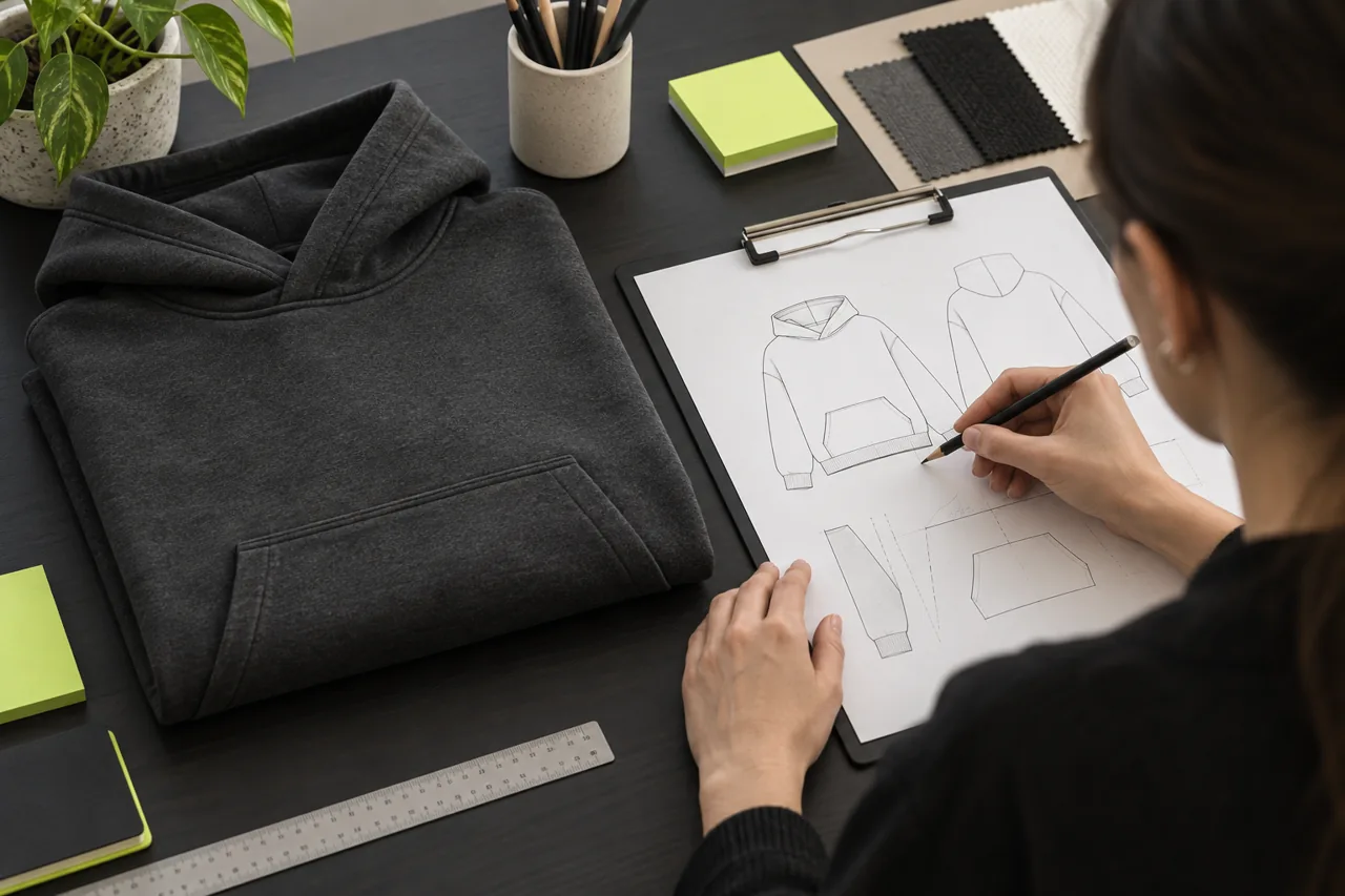 A designer marking a hoodie outline beside a folded sample and lime notes, illustrating a consolidated correction sheet.