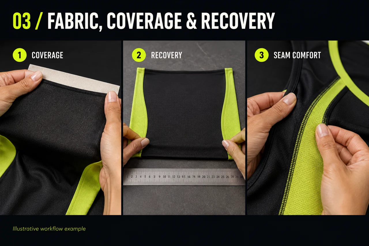 Examine fabric coverage, stretch recovery and seam comfort on the proposed sample.