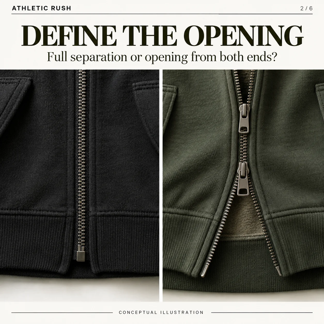 Conceptual comparison of one-way separating and two-way hoodie opening arrangements
