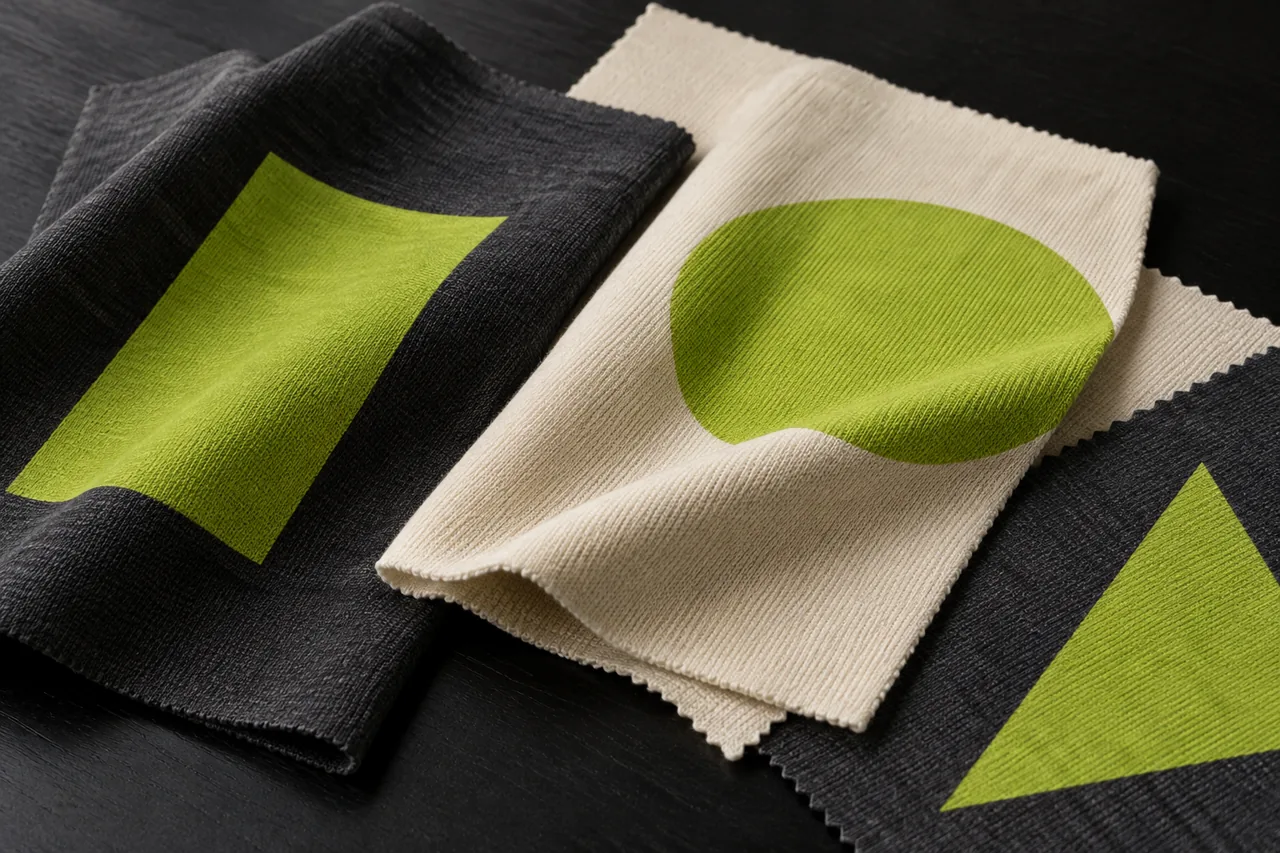 Conceptual cream and charcoal jersey panels with simple lime geometric decoration