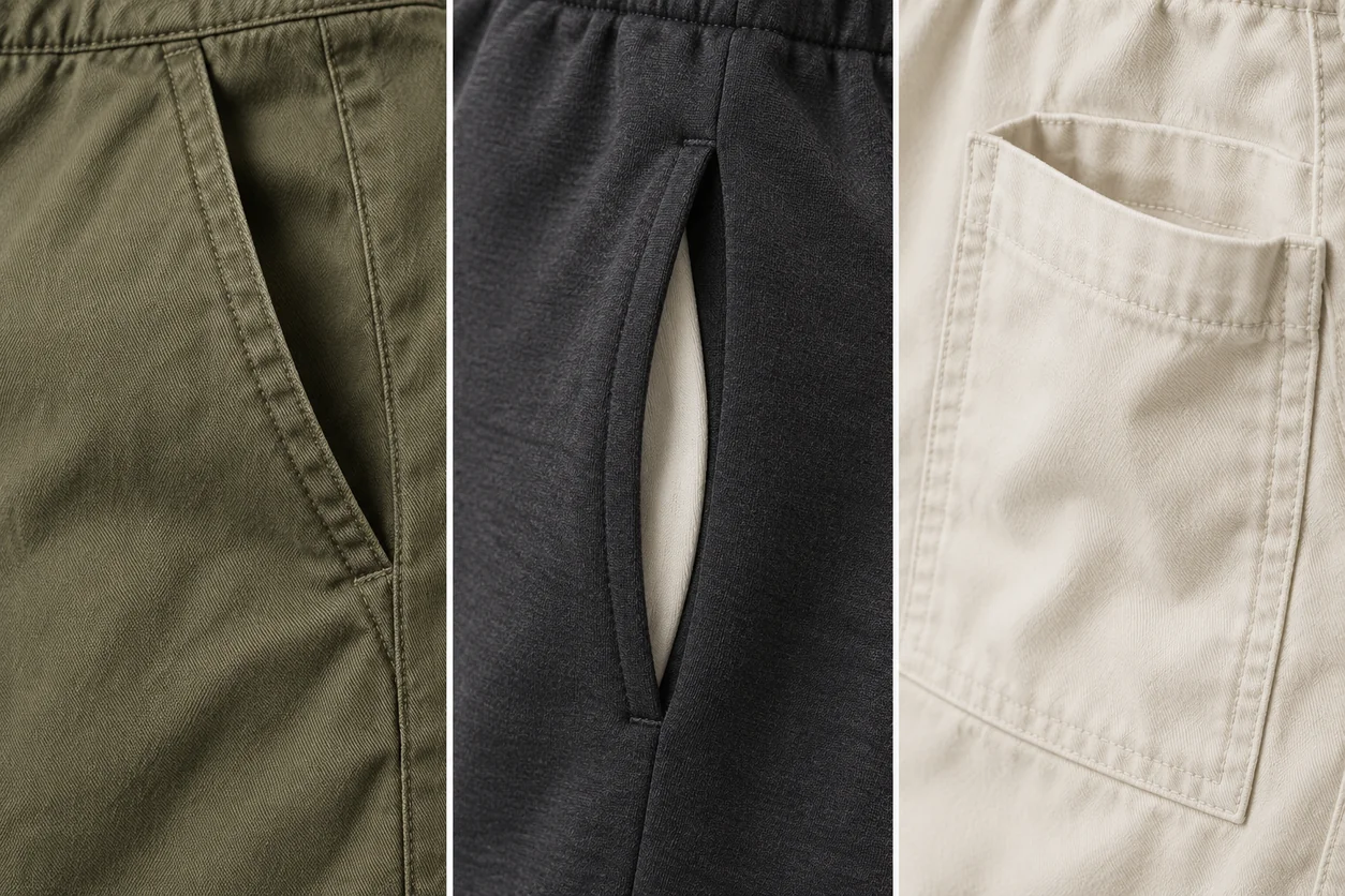 Three conceptual sewn specimens compare an olive slant opening, charcoal side-seam opening and ivory exterior patch pocket without ranking their performance