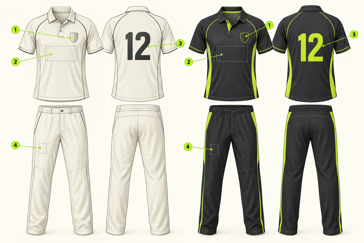 Use front and back artwork views to locate the crest, sponsor, player identification and trouser details. Numbered markers are discussion references, not official permitted logo positions.