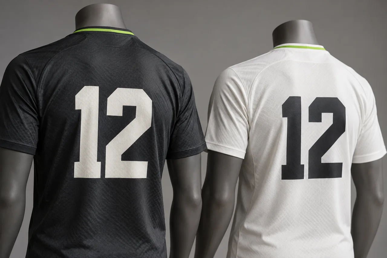 Solid light numbers on a dark jersey and dark numbers on a light jersey illustrate clear number backgrounds.