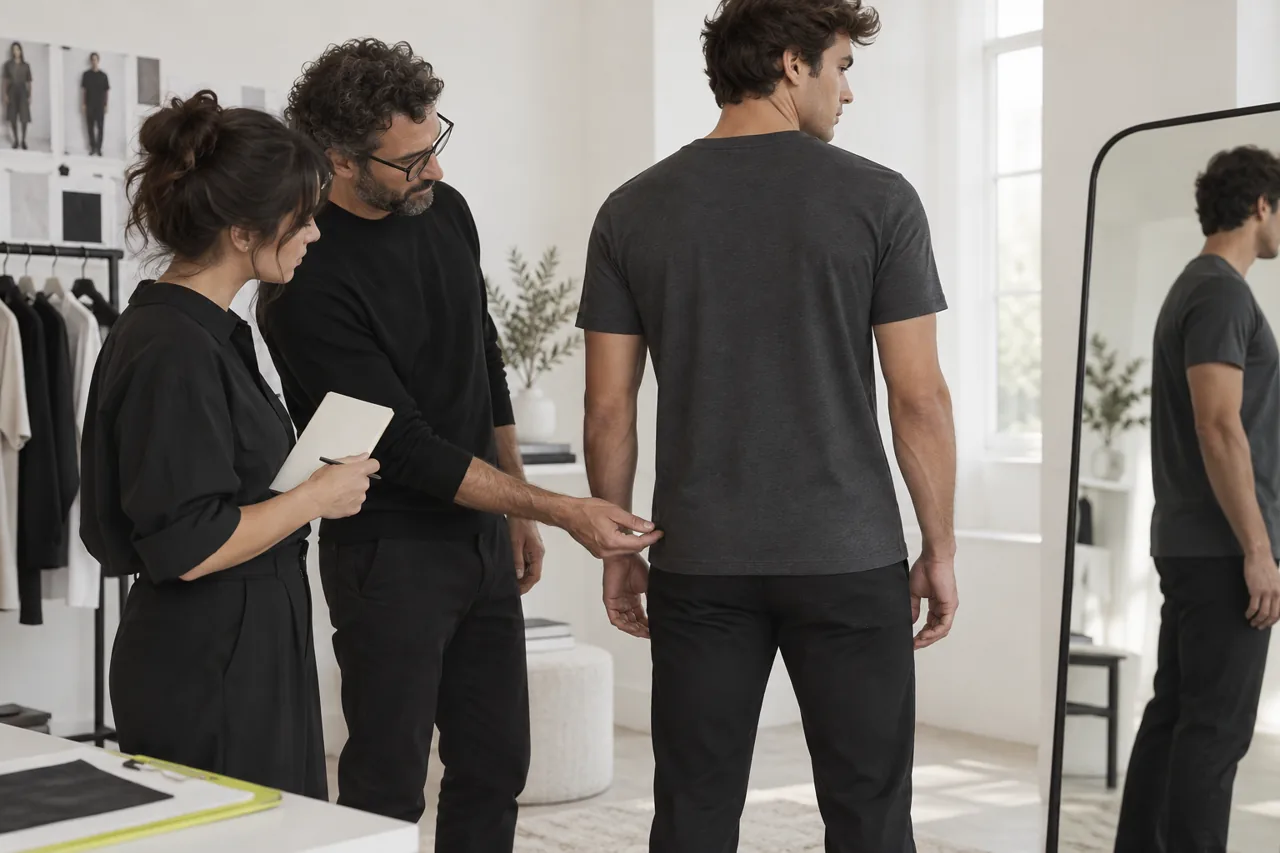 A conceptual fitting discussion shows designers reviewing the side and back proportions of a T-shirt sample