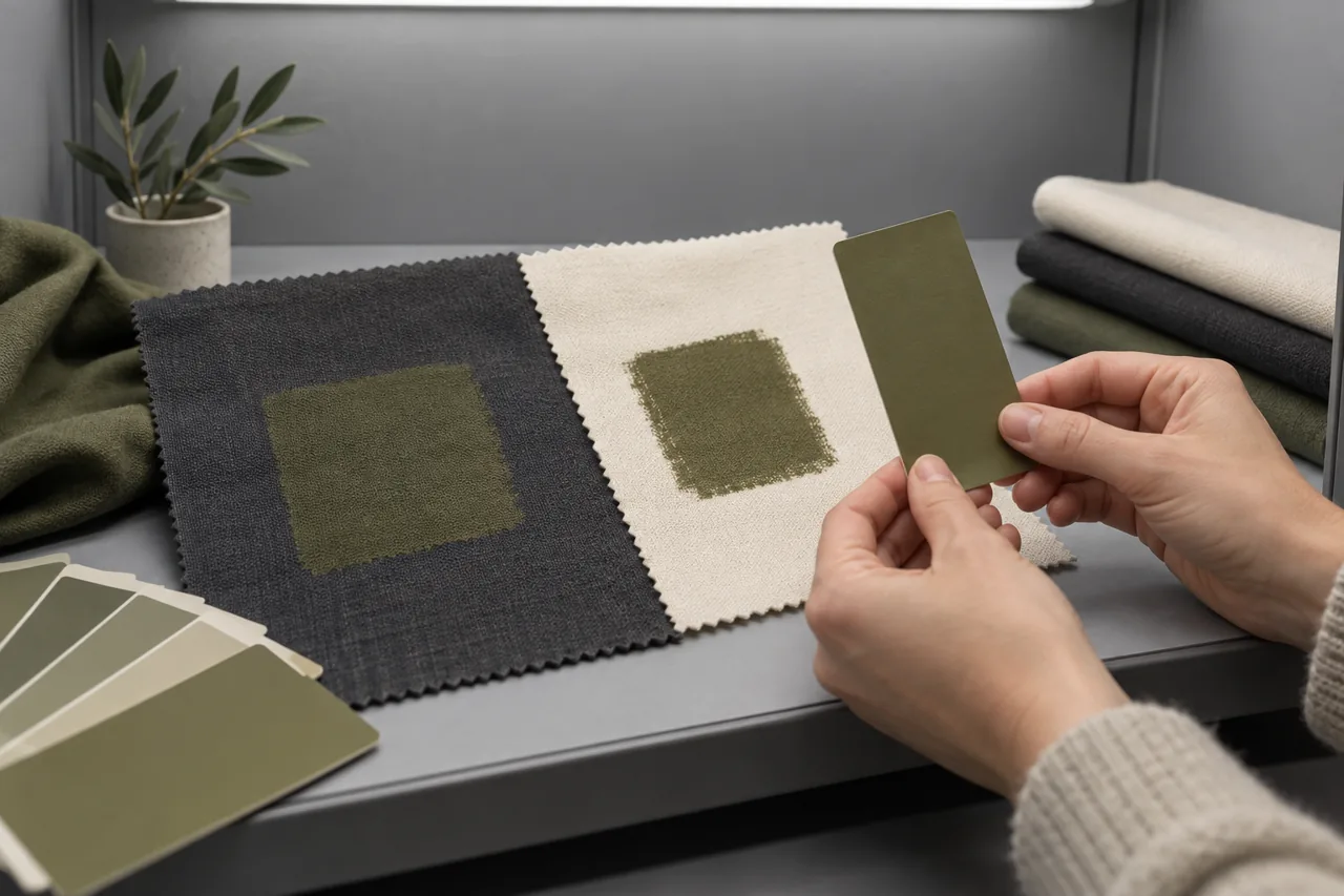 Conceptual comparison of physical olive colour references with printed fabric in a neutral viewing area