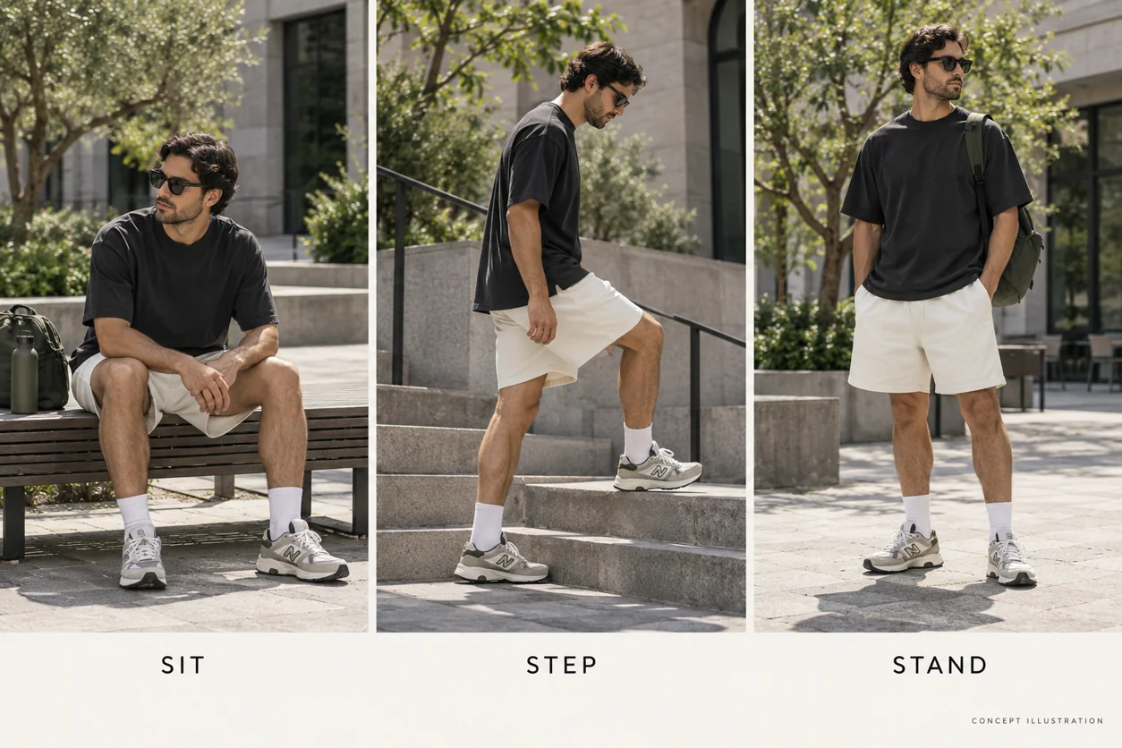 The same conceptual ivory shorts outfit is shown sitting, stepping and returning to an ordinary standing position