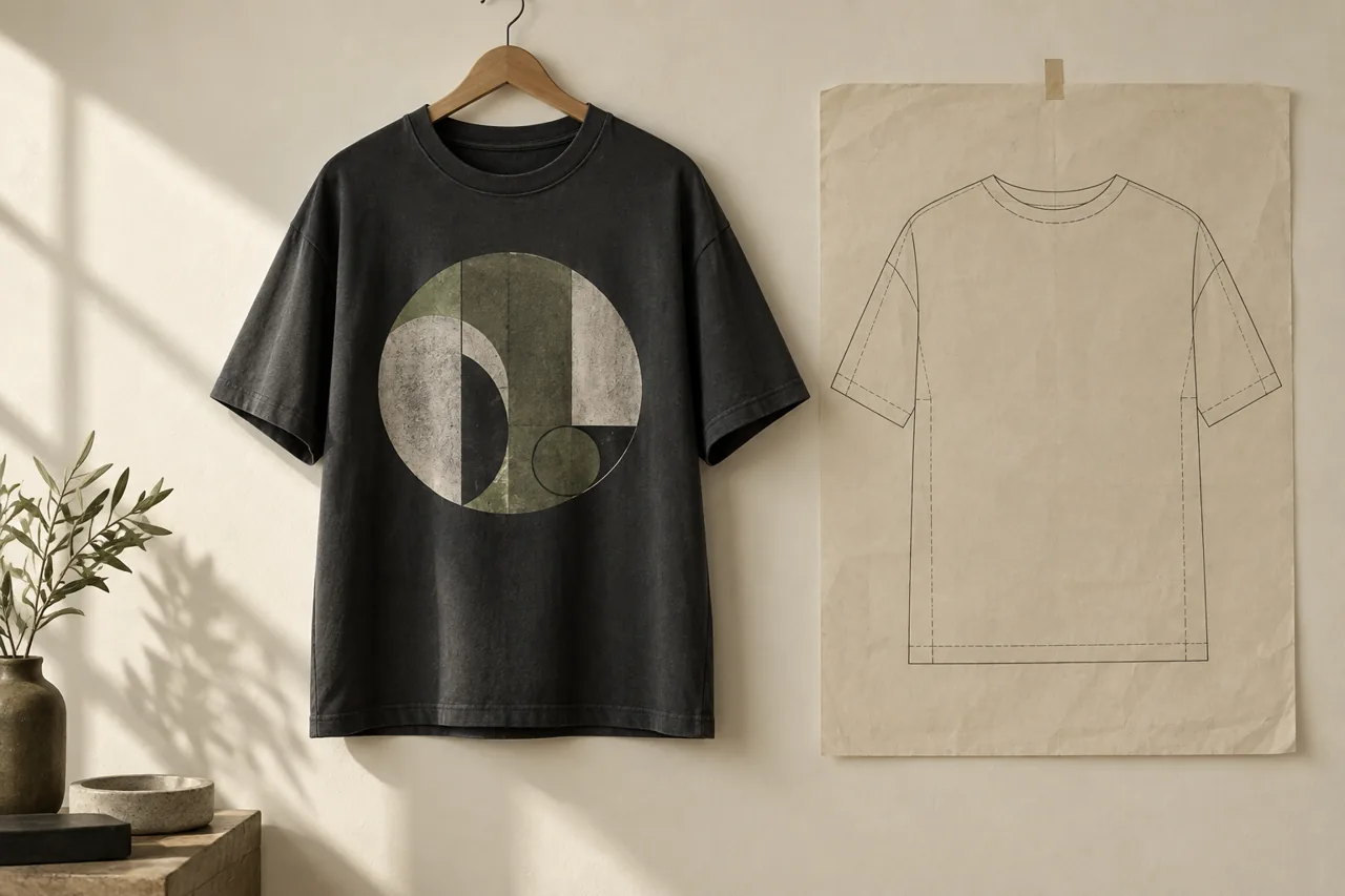 Conceptual printed streetwear T-shirt displayed beside an artwork reference