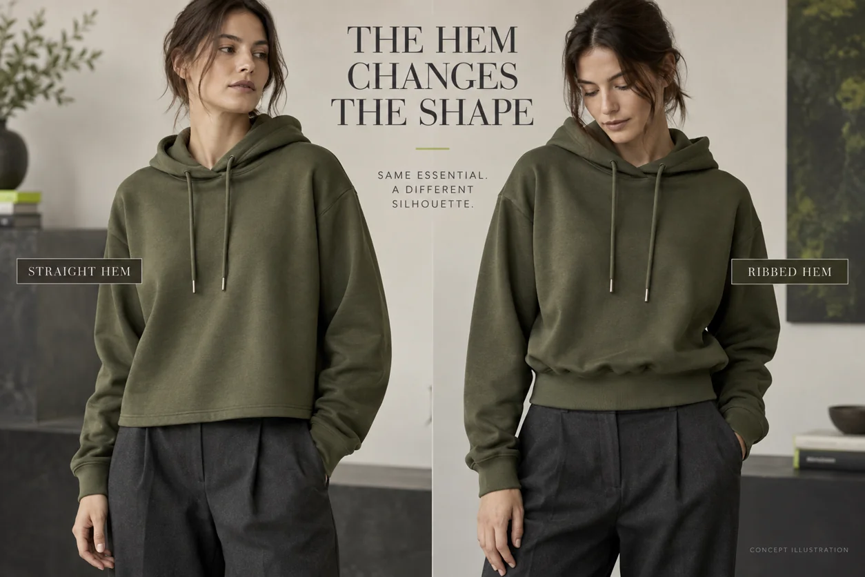 Conceptual waist-level comparison of a relaxed straight cropped hoodie hem and a ribbed hem above trousers