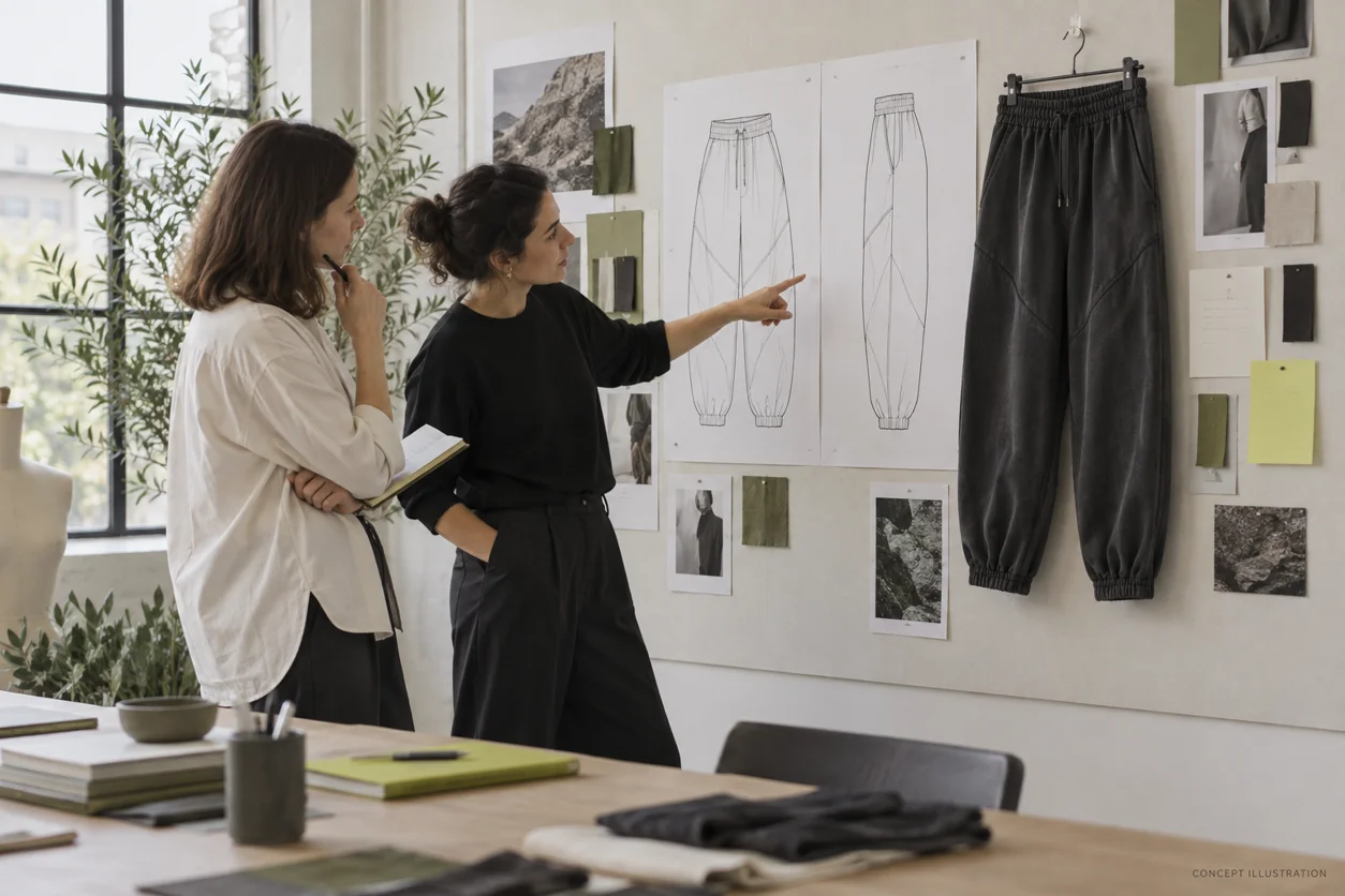 A buyer and pattern maker reviewing jogger silhouette sketches and a sample at a studio wall
