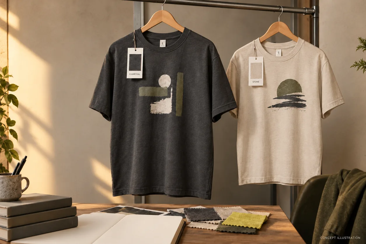 Charcoal and stone tees in different sizes carry separate removable color-reference cards