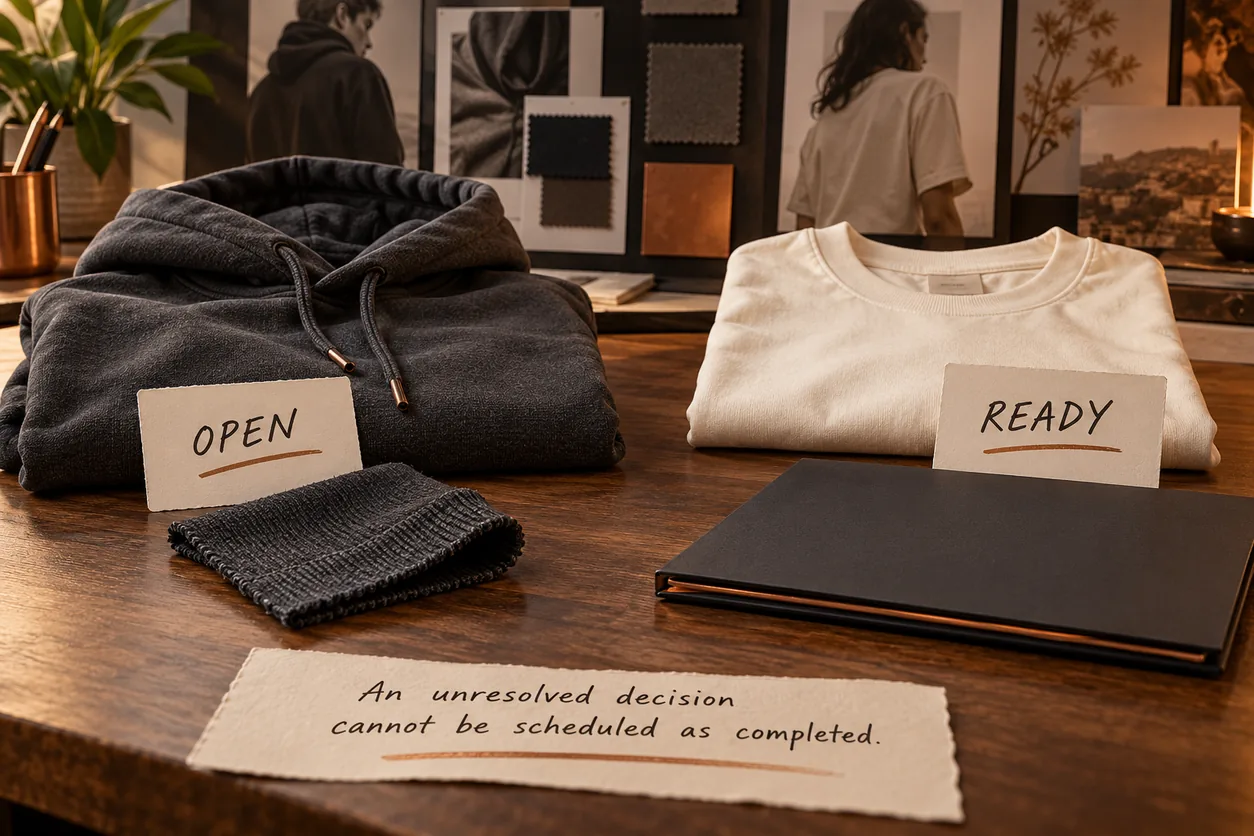 Open hoodie decisions and a ready tee reference remain separate on a review desk
