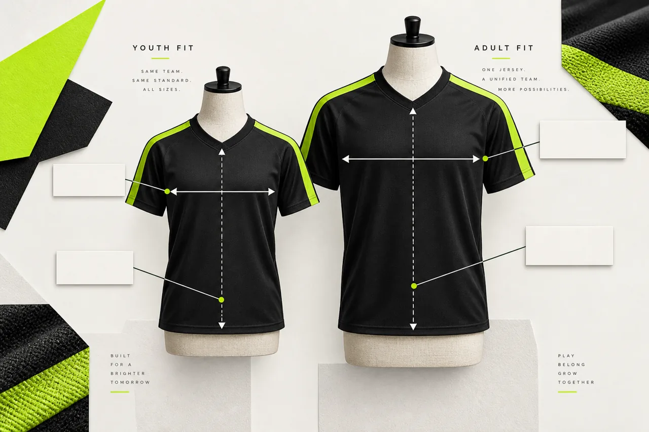 Confirm youth and adult fit references separately; arrows illustrate measurement directions, not universal dimensions.