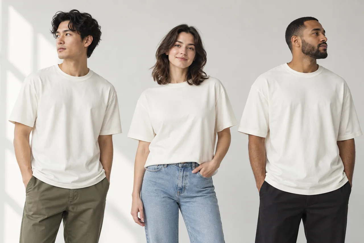 Conceptual fitting session showing adults wearing a coordinated T-shirt silhouette