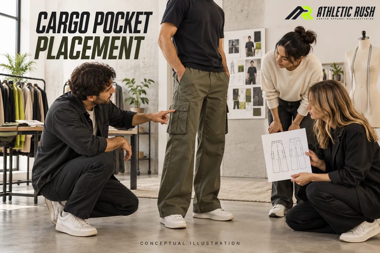Designers review the outside thigh pocket position on a conceptual olive cargo trouser in a fitting studio