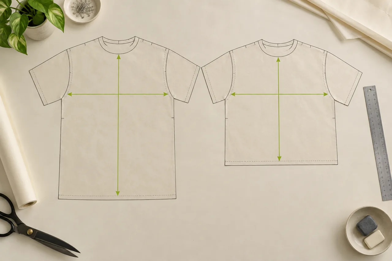Conceptual T-shirt pattern outlines separate width and length decisions for two different proportions