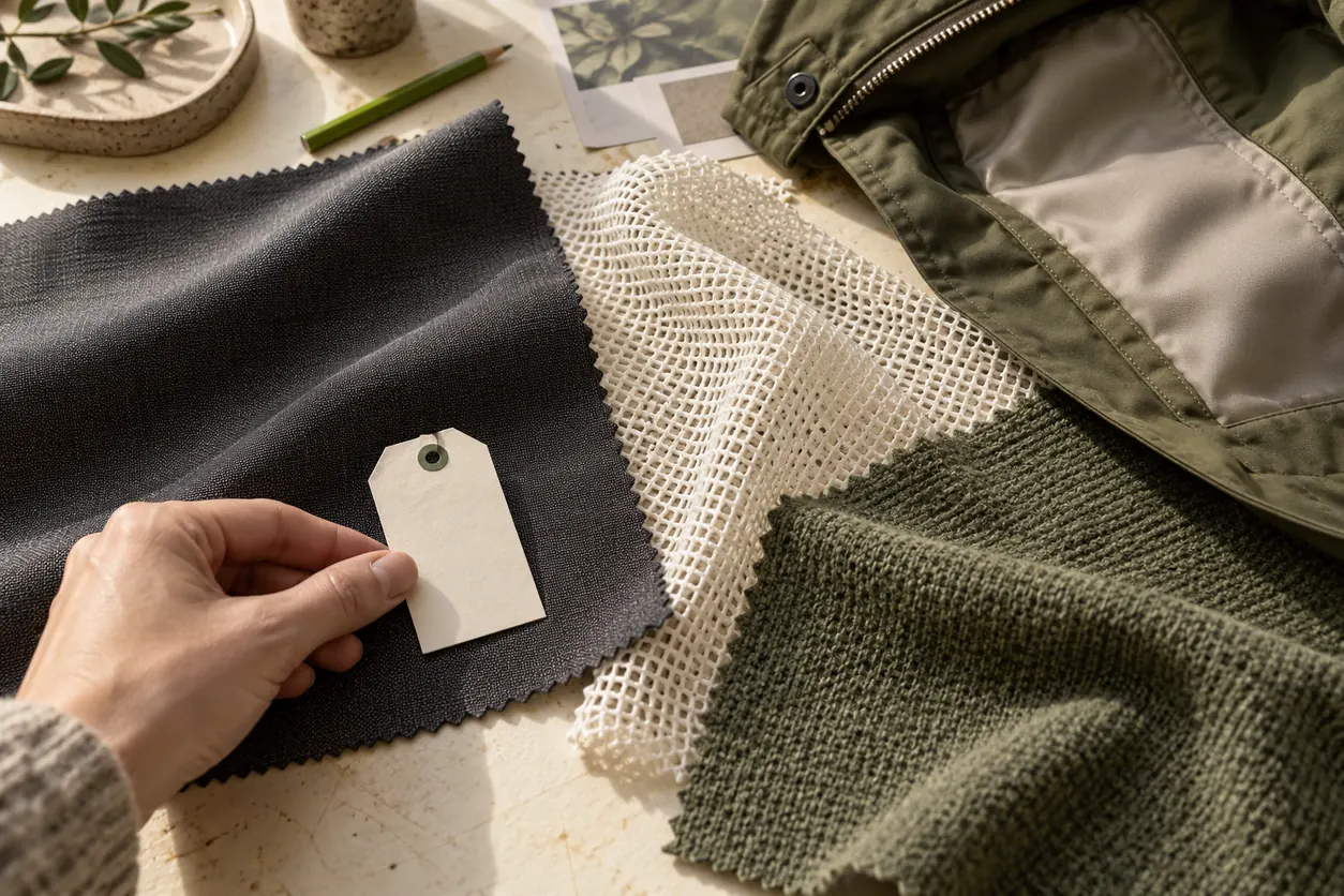 Conceptual material table shows a smooth woven, open mesh and textured knit as visually different lining candidates beside an opened jacket
